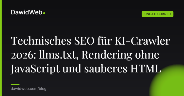Okładka artykułu: Technisches SEO für KI-Crawler 2026: llms.txt, Rendering ohne JavaScript und sauberes HTML